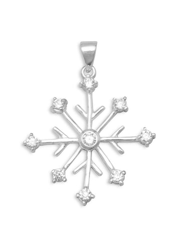 Snowflake Pendant 8-point with 9 Cubic Zirconia Stones rhodium on Sterling Silver, Pendant Only