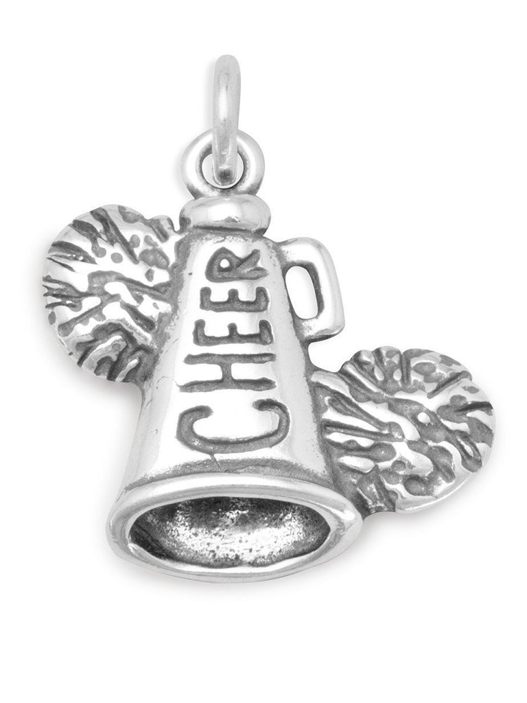 Cheerleading Megaphone with Pom Poms Charm Sterling Silver