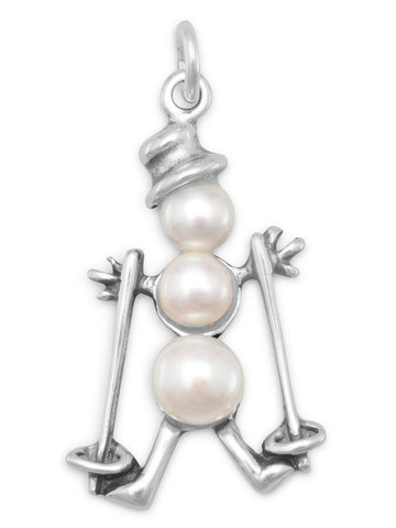 Skiing Snowman Charm with Cultured Freshwater Pearls Sterling Silver