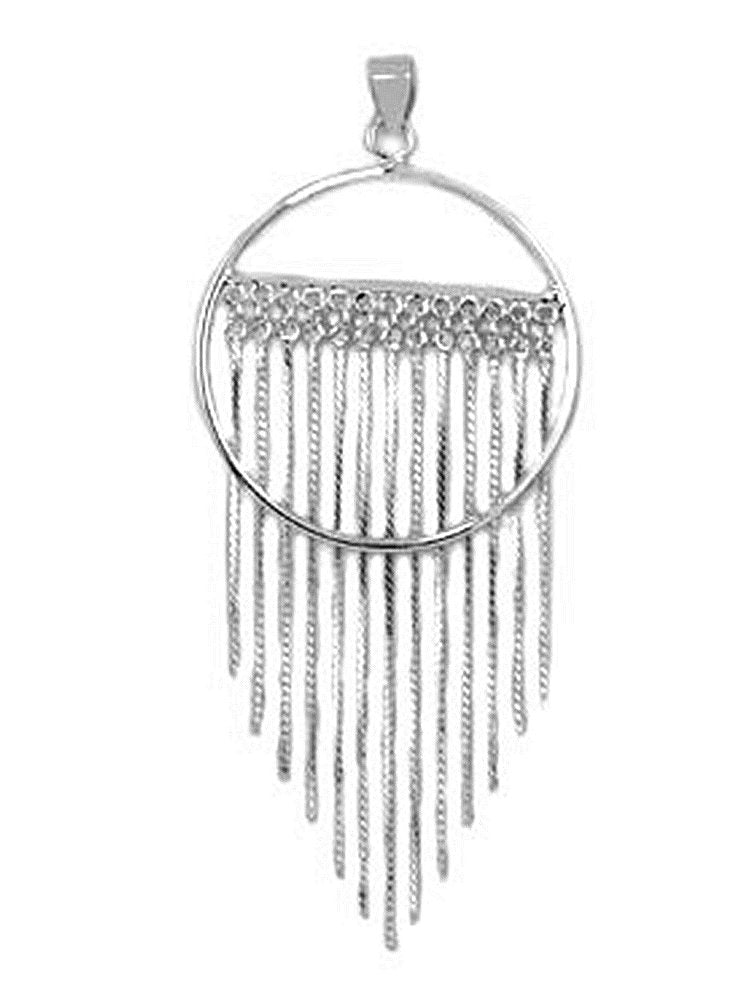 Circle Pendant with Fringe Chain Drops Rhodium on Sterling Silver - Nontarnish