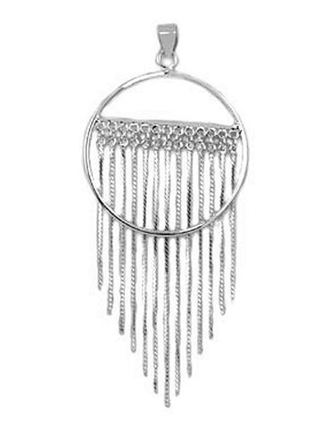 Circle Pendant with Fringe Chain Drops Rhodium on Sterling Silver - Nontarnish