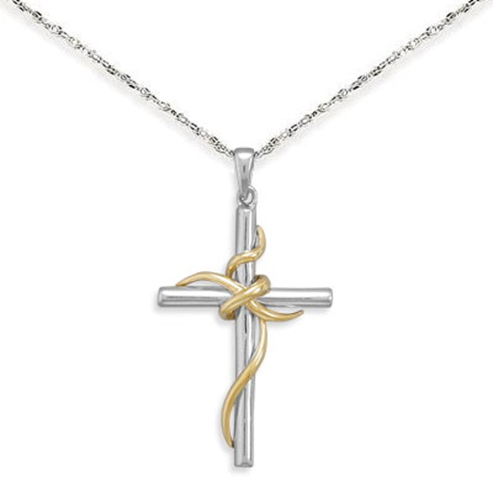 1-1/8 Inch Two-Tone Sterling Silver Budded Ends Cross Necklace