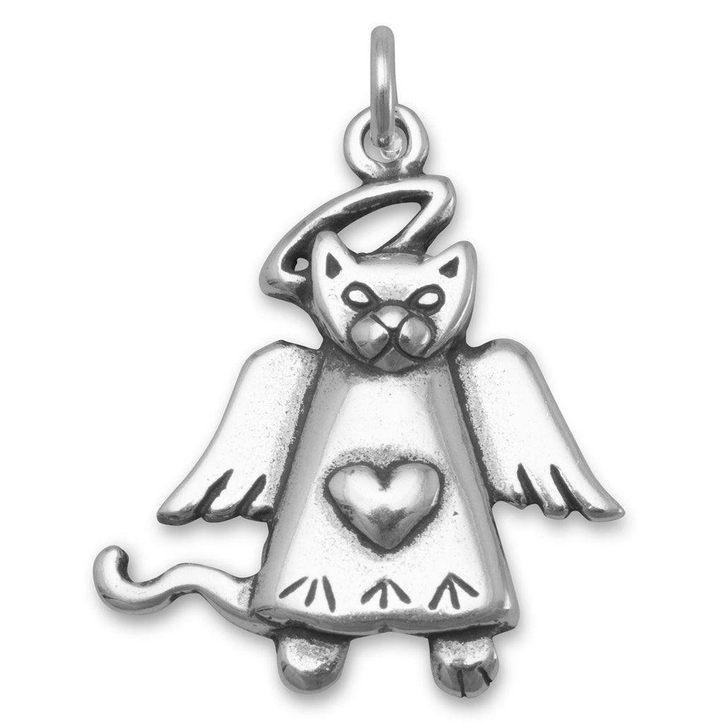 Cat Angel Charm Antiqued Sterling Silver