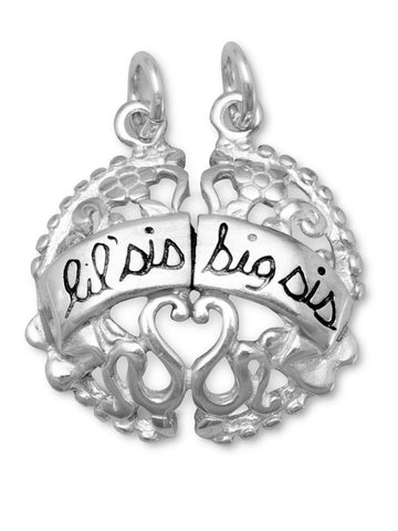 Lil Sis and Big Sis Break Apart Charm Sterling Silver Filigree