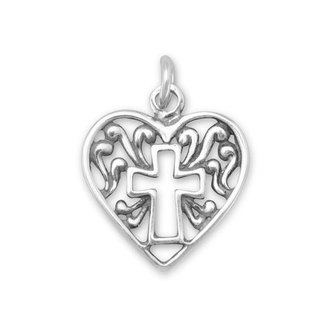 Heart Cross Filigree Charm Pendant Sterling Silver Antique Finish, Pendant Only