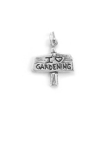 I Love Gardening Sign Charm Antiqued Sterling Silver