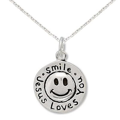 Smile Jesus Loves You Sterling Silver Necklace, Includes Chain