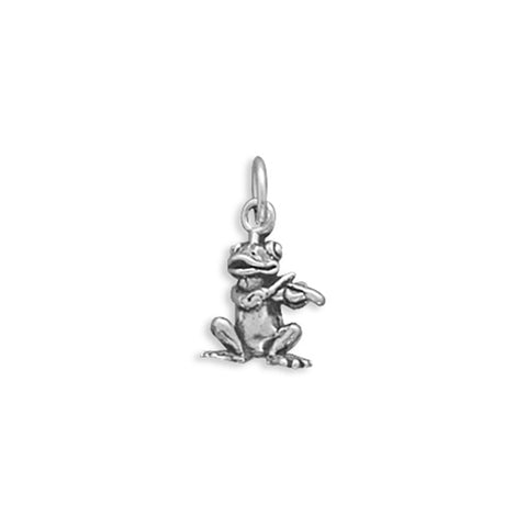 Singing Frog Playing Violin Charm 3D Sterling Silver - Made in the USA