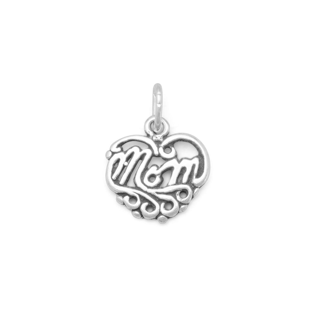 Mom Heart Filigree Charm Sterling Silver - Made in the USA