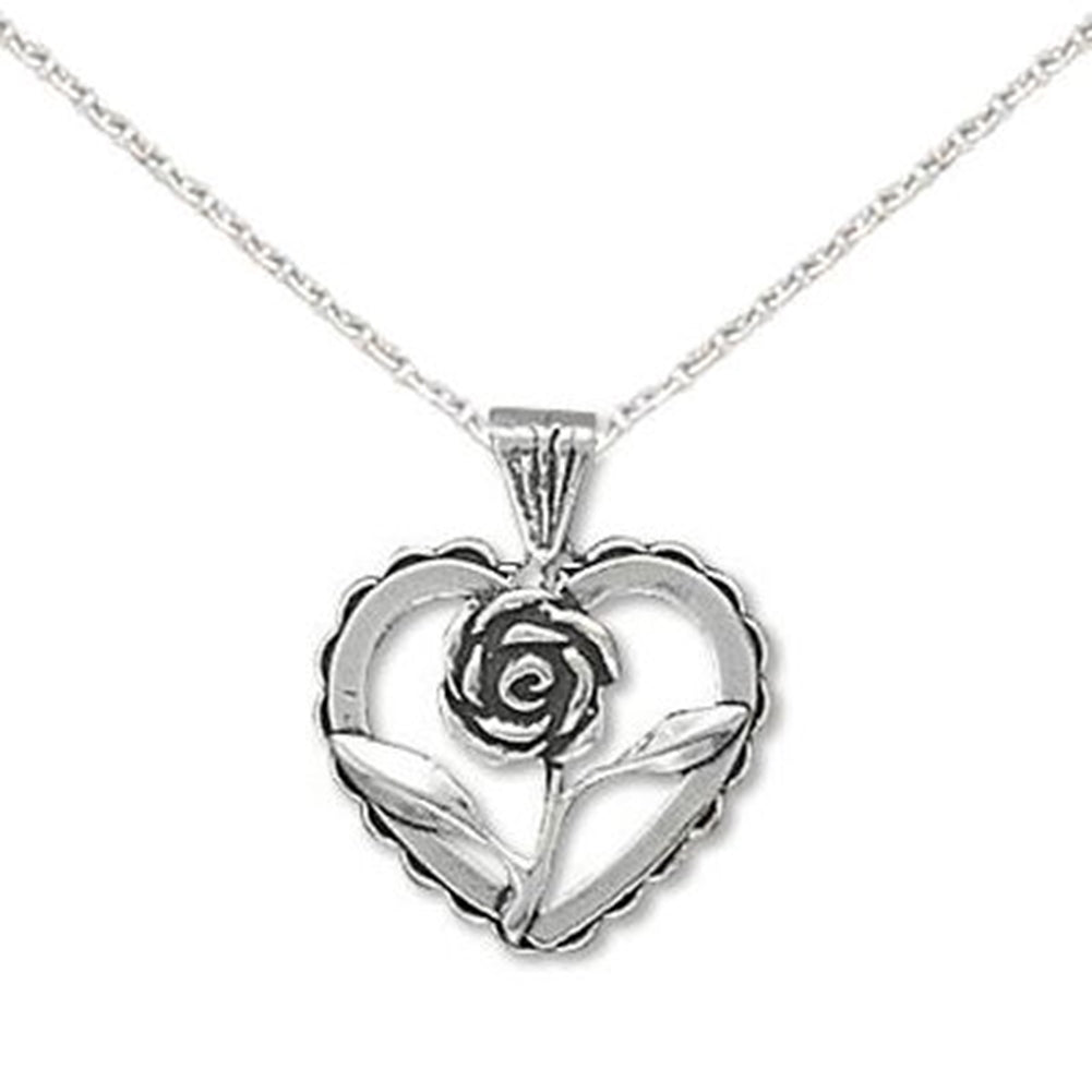 Heart with Rose Pendant Antiqued Sterling Silver Necklace - Made in the USA
