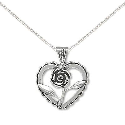 Childrens Heart with Rose Pendant Antiqued Sterling Silver Necklace - Made in the USA