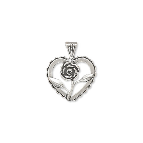 Heart with Rose Charm Pendant Antiqued Sterling Silver, Pendant Only - Made in the USA
