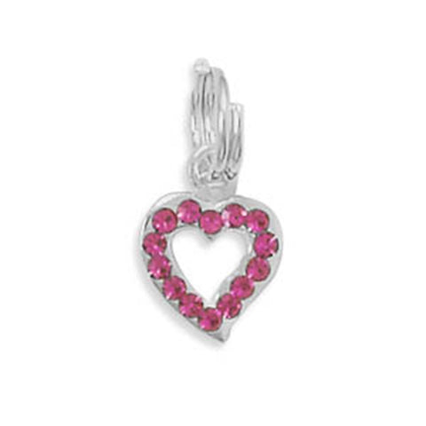 Pink Fuchsia Crystal Heart Charm Sterling Silver