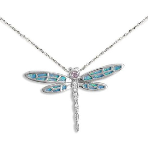 Dragonfly Necklace with Synthetic Blue Opal Inlay Cubic Zirconia Sterling Silver