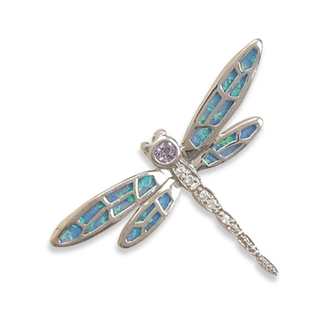 Dragonfly Pendant Synthetic Blue Opal Inlay and Cubic Zirconia Accents Sterling Silver, Pendant Only