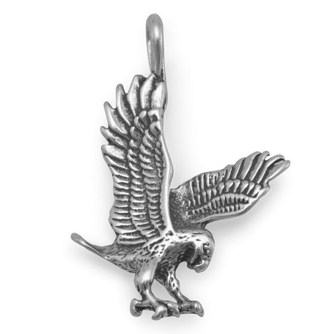 Landing Eagle Pendant Charm Antiqued Sterling Silver - Made in the USA