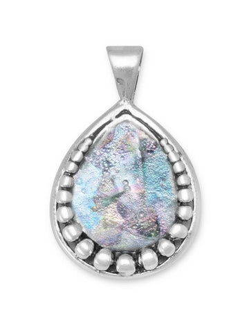 Ancient Roman Glass Pendant Necklace Pear Teardrop Beaded Sterling Silver, Pendant Only
