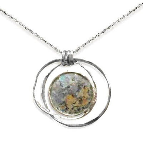 Ancient Roman Glass Hoop Pendant Necklace Textured Sterling Silver, with Chain