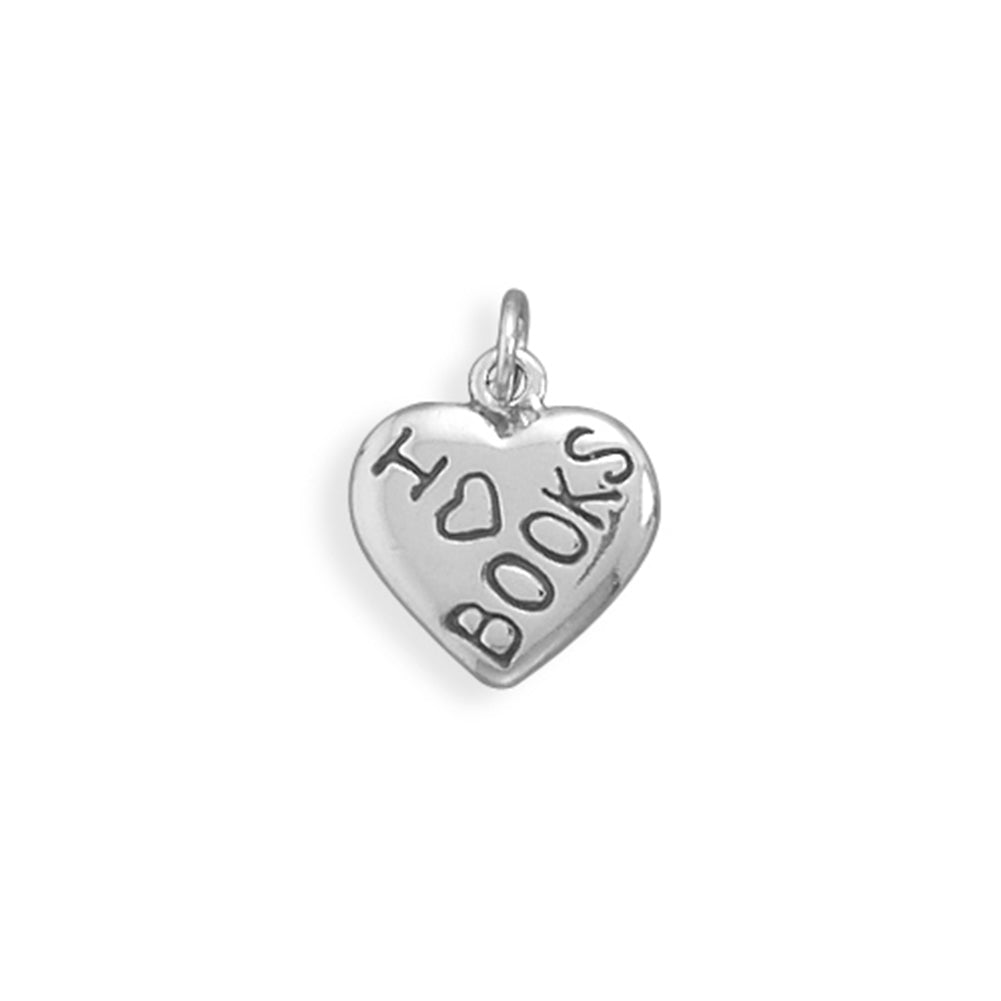 I Love BOOKS Puffed Heart Charm Sterling Silver