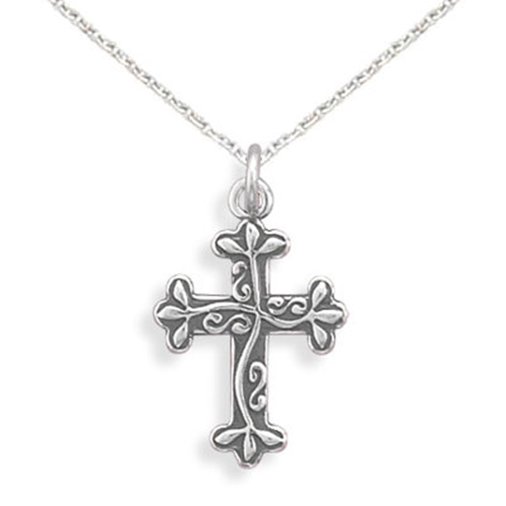Reversible Cross  Necklace Vine Design Sterling Silver, with Chain