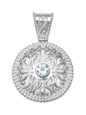 Blue Topaz Filigree Heart Design Sterling Silver Pendant