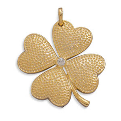 Four Leaf Clover Shamrock Hearts Pendant CZ Center Gold-plated Sterling Silver, Pendant Only
