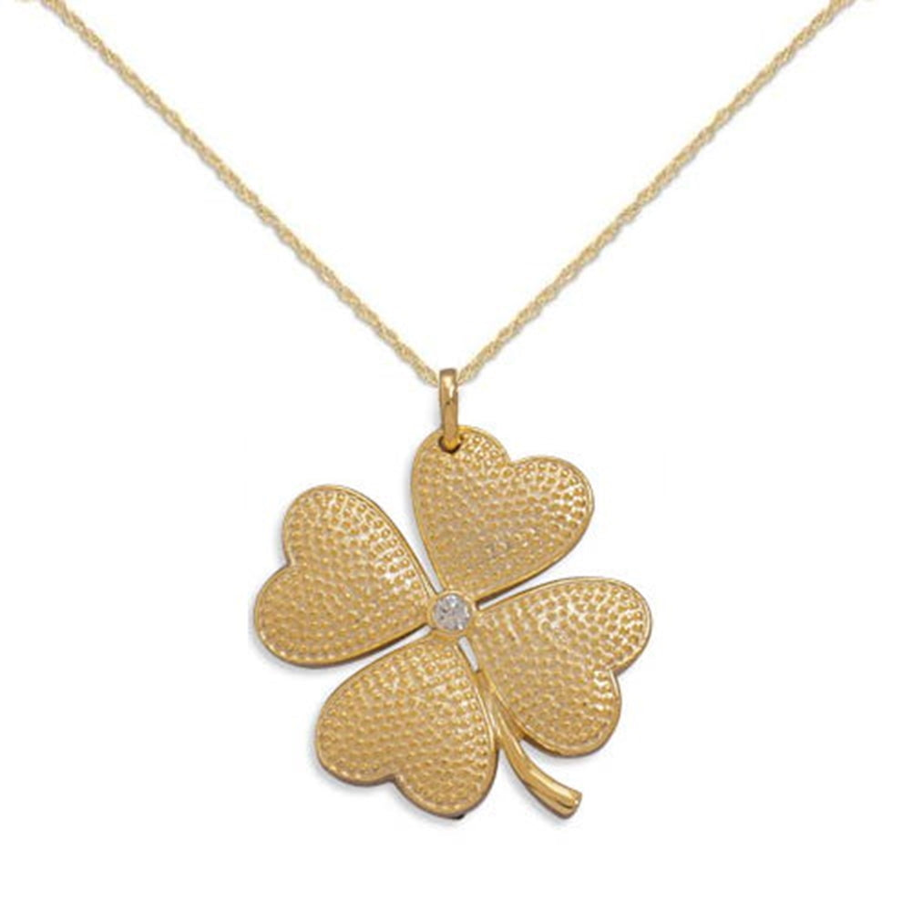 Four Leaf Clover Shamrock Hearts Pendant CZ Gold-plated Silver, Chain Included