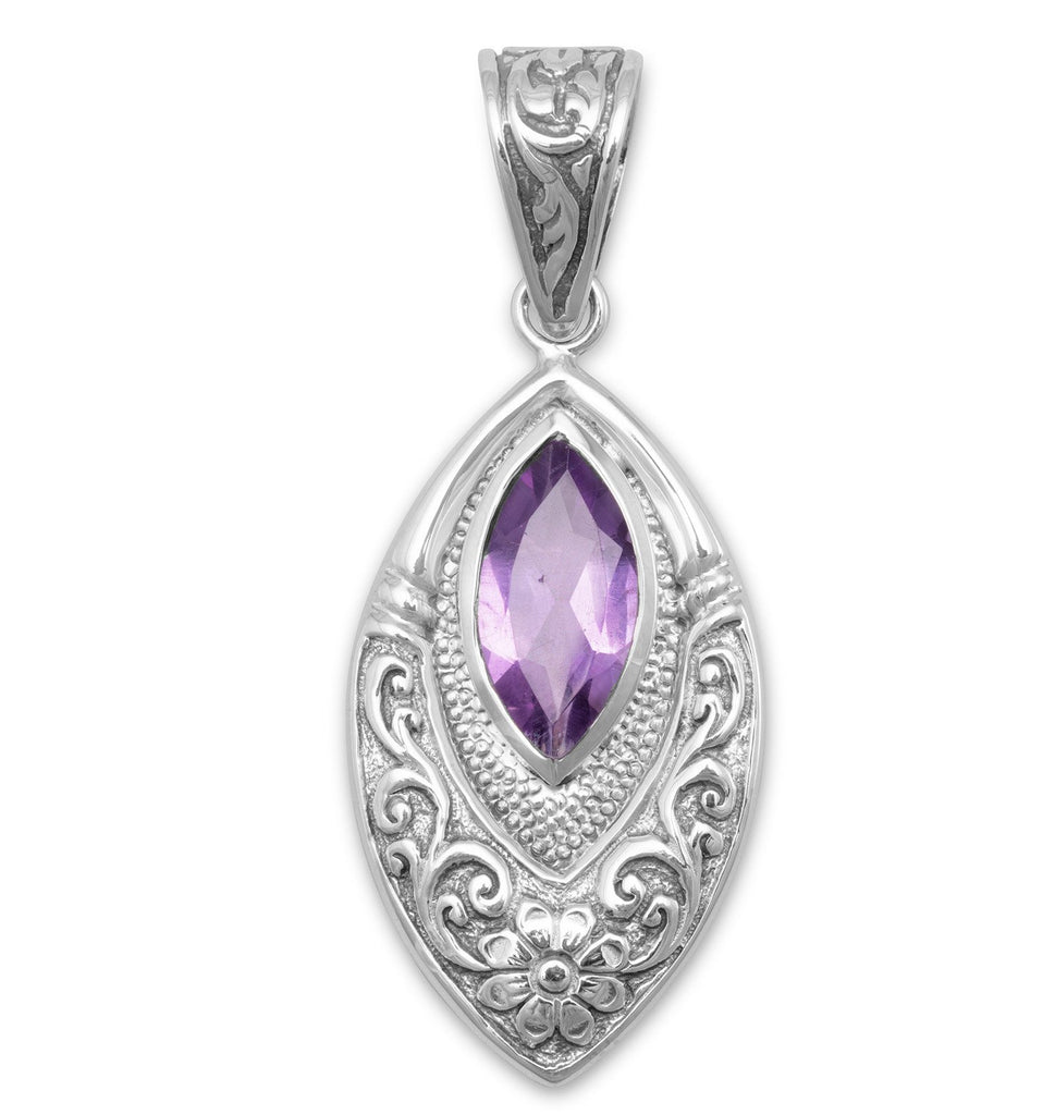 Amethyst Marquise Necklace Flower and Ribbon Design Antiqued Sterling Silver