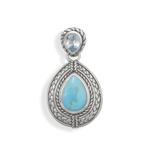 Blue Topaz and Reconstituted Turquoise Pendant with Rope Design Sterling Silver