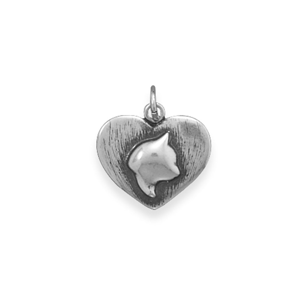Heart with Cat Charm Antiqued Sterling Silver