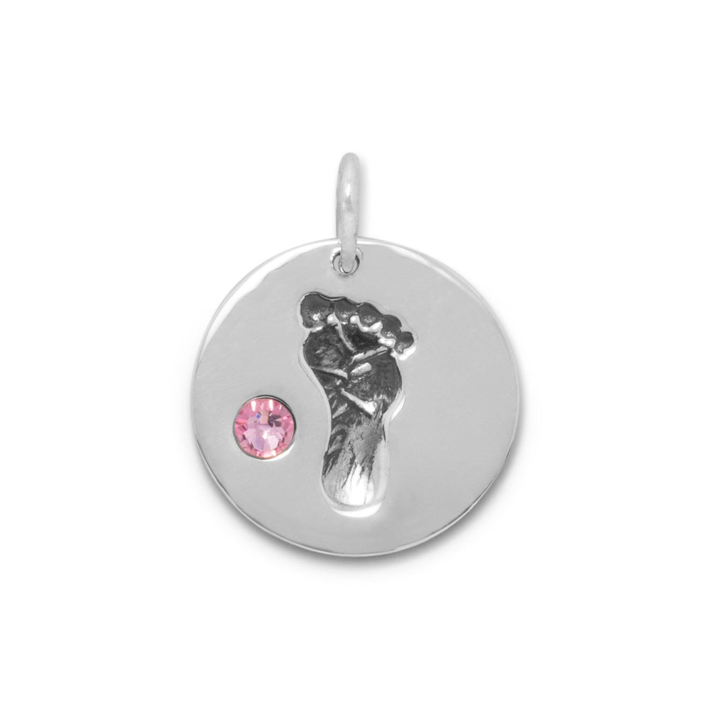 Baby Girl Footprint Charm Pink Crystal Sterling Silver