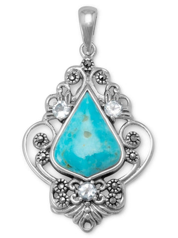 Reconstituted Turquoise Teardrop Pendant w Blue Topaz Marcasite Sterling Silver