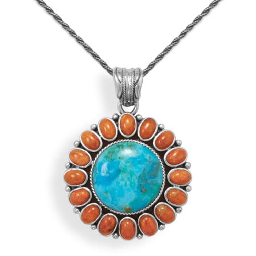 Reconstituted Turquoise and Red Coral Sun Pendant Antiqued Sterling Silver