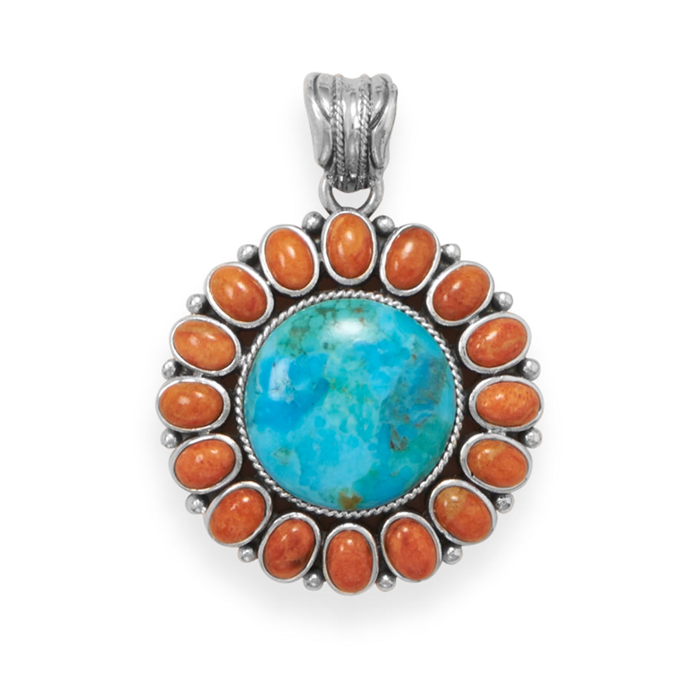 Reconstituted Turquoise and Red Coral Sun Pendant Antiqued Sterling Silver - Pendant Only
