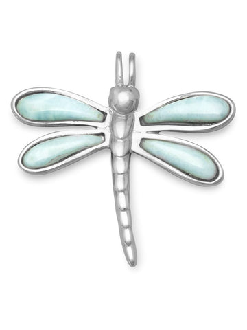 Dragonfly Pendant Slide with Larimar Atlantis Stone Rhodium on Sterling Silver - Nontarnish