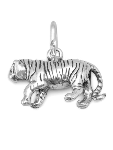 Tiger Charm Antiqued Finish Sterling Silver 3D