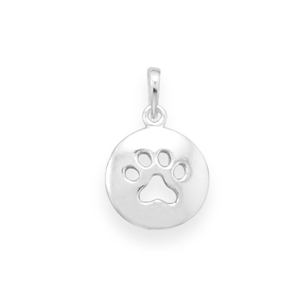 Animal Paw Print Pendant Cut Out on Round Disk Sterling Silver