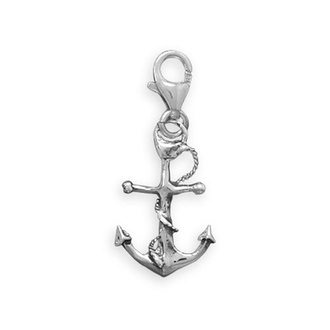 Nautical Anchor Charm with Lobster Clasp Antiqued Sterling Silver