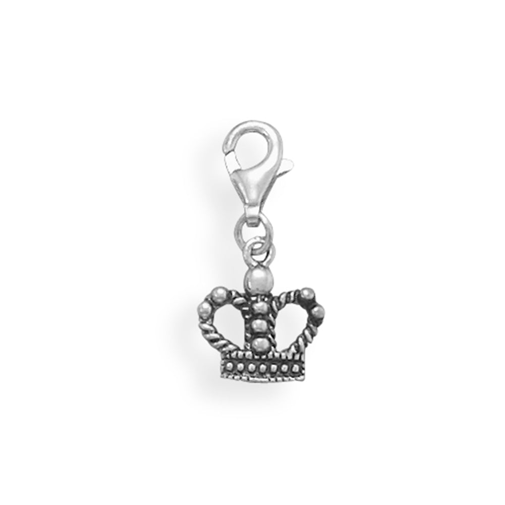 Queen Princess Crown Charm with Lobster Clasp Antiqued Sterling Silver