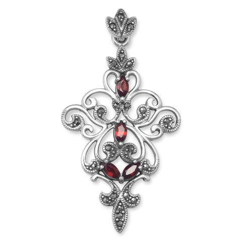 Garnet Pendant Scrolling Vintage Antique Sterling Silver with Marcasite