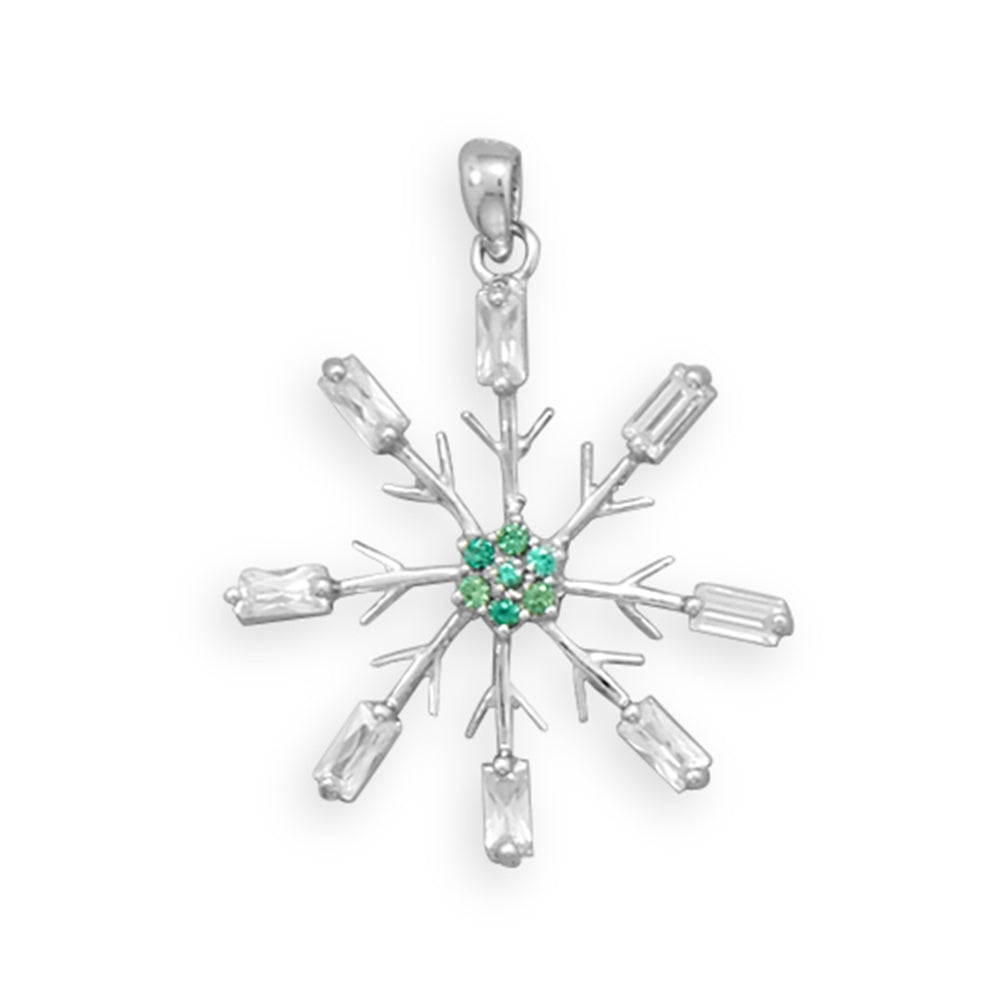 Snowflake Pendant with Clear and Green Cubic Zirconia Rhodium on Sterling Silver Nontarnish