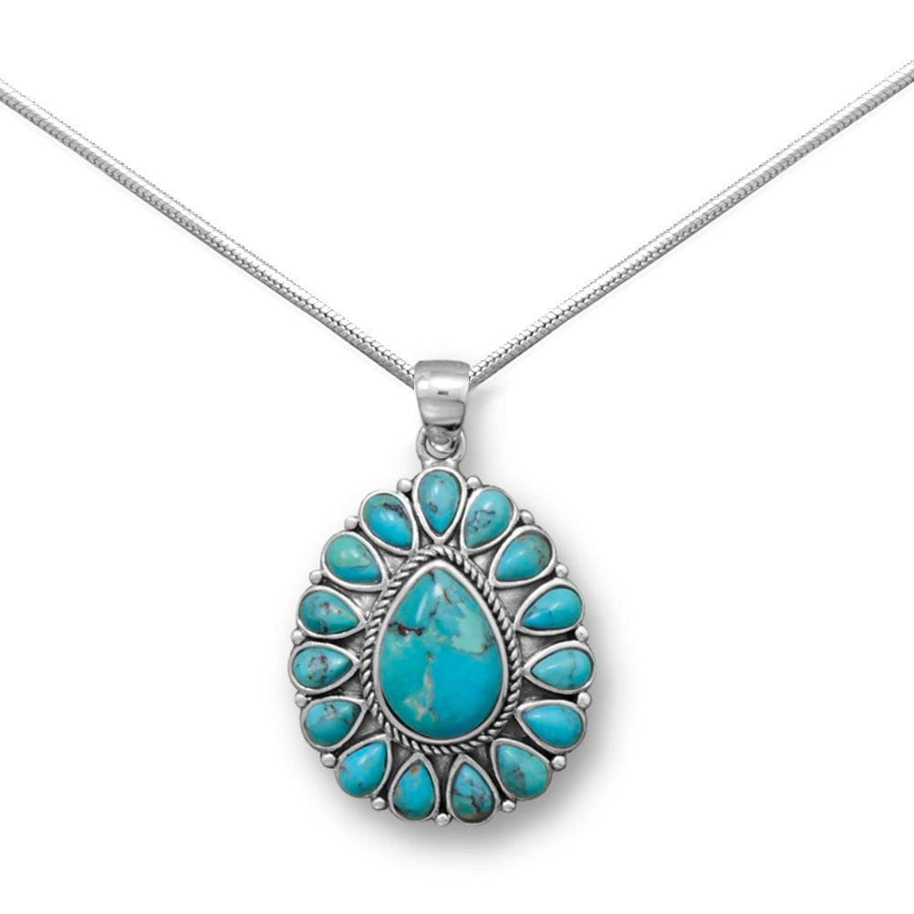 Reconstituted Turquoise Necklace Sterling Silver Flower with Snake Chain
