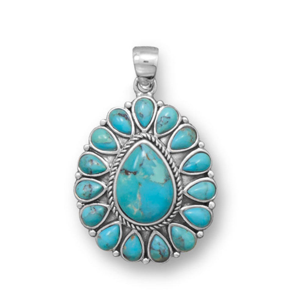 Flower Pendant Reconstituted Turquoise Sterling Silver Pear Shapes