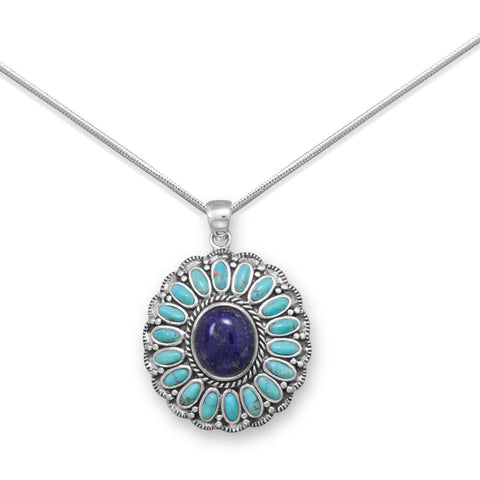 Large Lapis Lazuli and Reconstituted Turquoise Pendant Sterling Silver Flower