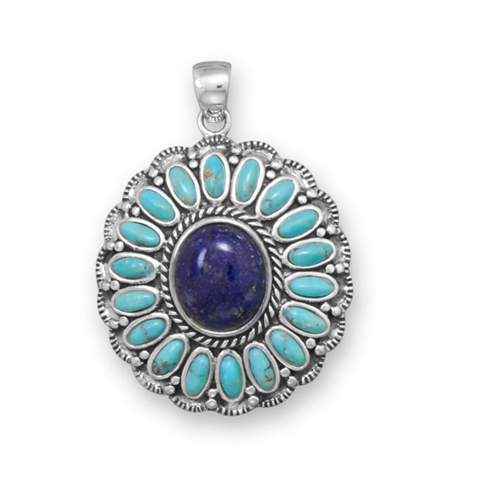 Large Lapis Lazuli and Reconstituted Turquoise Pendant Sterling Silver Flower