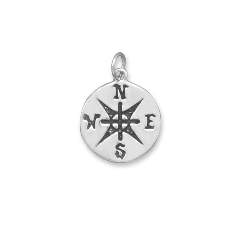 Compass Pendant Charm Antiqued Sterling Silver