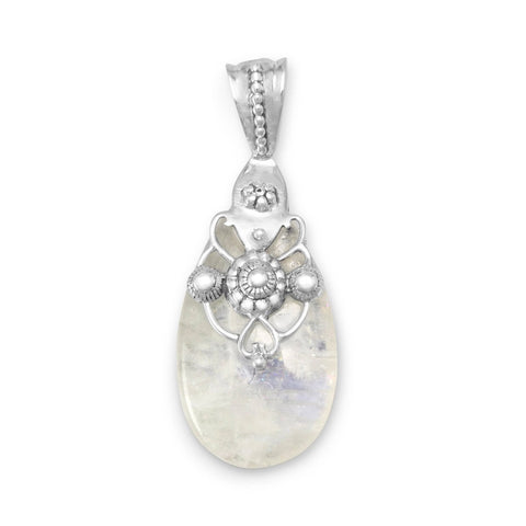 Rainbow Moonstone Pendant With Heart and Bead Sterling Silver Design, Pendant Only