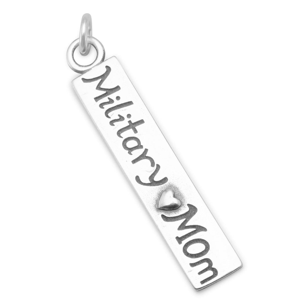 Sterling Silver Military Mom Bar Charm with Heart