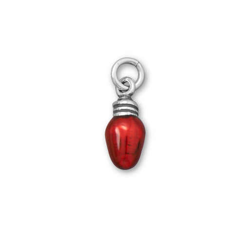 Red Christmas Light Bulb Charm Antiqued Sterling Silver