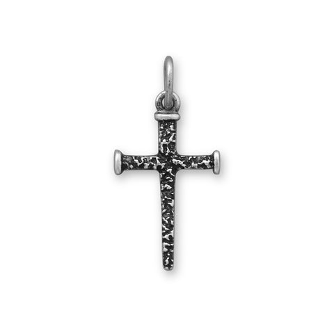 Small Nails Cross Charm Pendant Hammered Texture Antiqued Sterling Silver